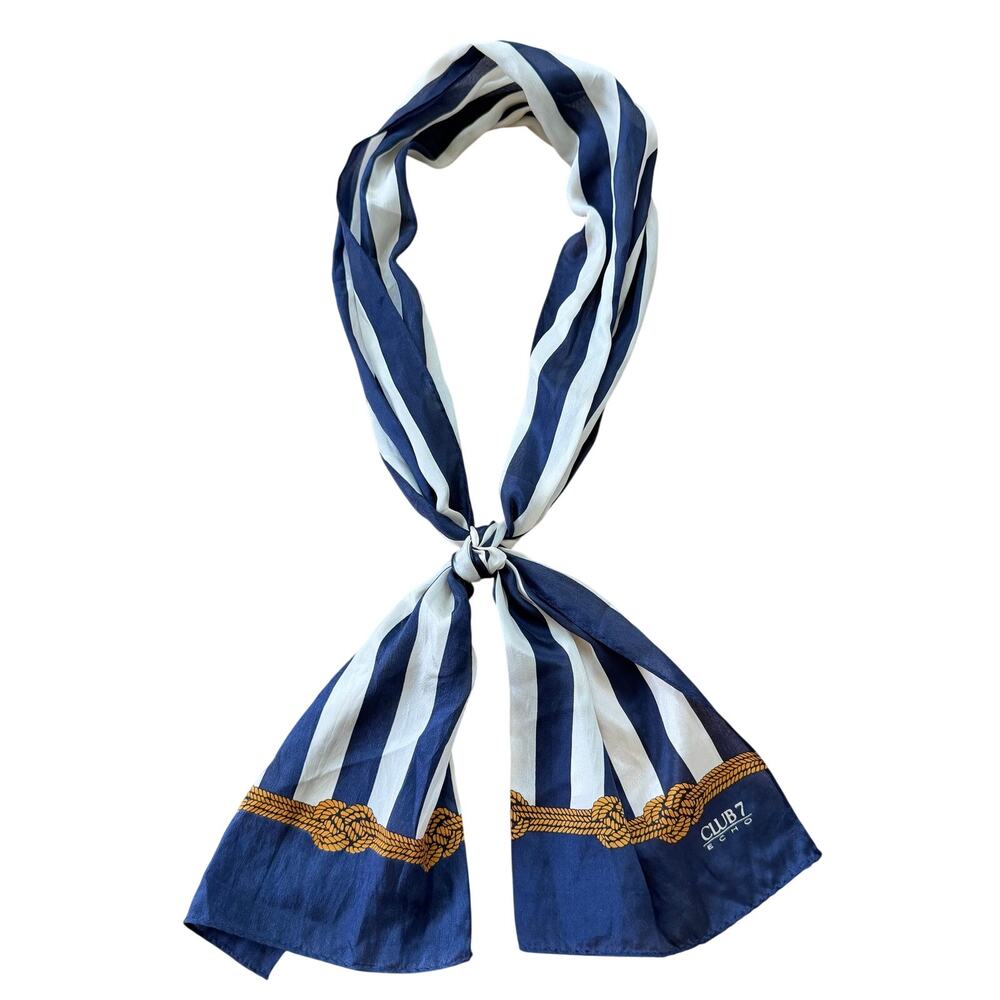 Vintage Club 7 Echo Silk Scarf White Navy Nautical Stripe Design Wrap Scarf